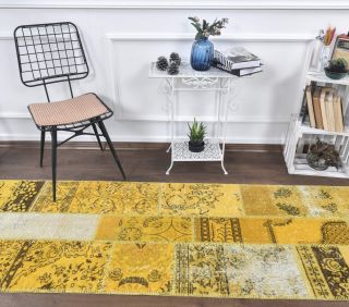 3x10 Vintage Patchwork Yellow Runner Rug - Thumbnail