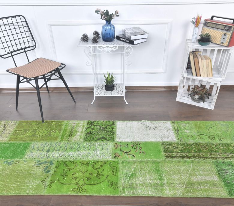 3x13 Vintage Patchwork Green Overdyed Rug Runner