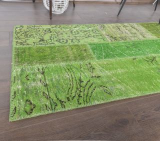 3x13 Vintage Patchwork Green Overdyed Rug Runner - Thumbnail