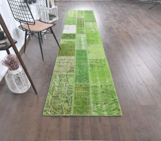 3x13 Vintage Patchwork Green Overdyed Rug Runner - Thumbnail