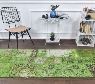 3x8 Vintage Patchwork Green Runner Rug - Thumbnail