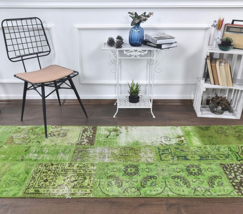 3x8 Vintage Patchwork Green Runner Rug