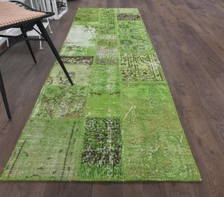 3x8 Vintage Patchwork Green Runner Rug - Thumbnail