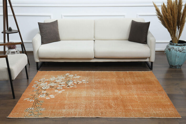 Distressed Orange Floral Rug