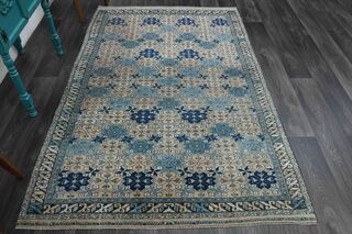 Blue & Beige Ikat Vintage Rug - Thumbnail