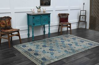 Blue & Beige Ikat Vintage Rug - Thumbnail