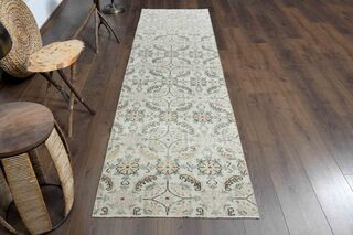 Floral Pattern Beige Turkish Runner - Thumbnail