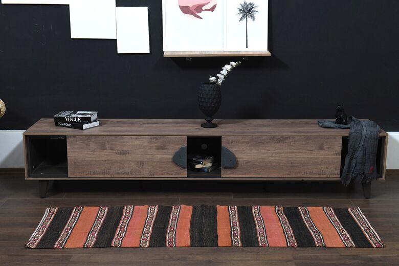 2x7, Orange Black Vintage Kilim Runner