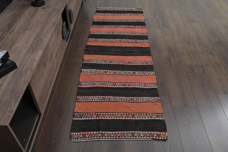 2x7, Orange Black Vintage Kilim Runner