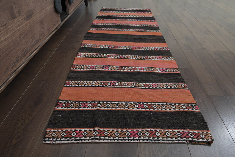 2x7, Orange Black Vintage Kilim Runner