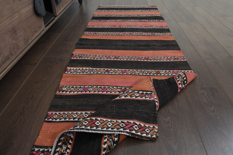 2x7, Orange Black Vintage Kilim Runner