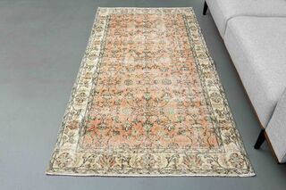 Burnt Orange Floral Oushak Vintage Rug - Thumbnail