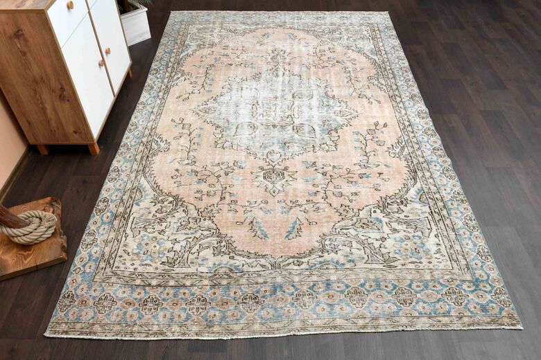 Blue Details Orange Vintage Turkish Rug