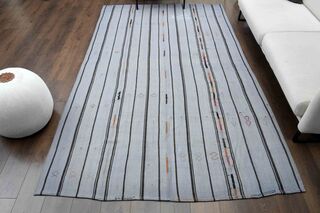 Striped White Vintage Turkish Rug - Thumbnail