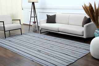 Striped White Vintage Turkish Rug - Thumbnail